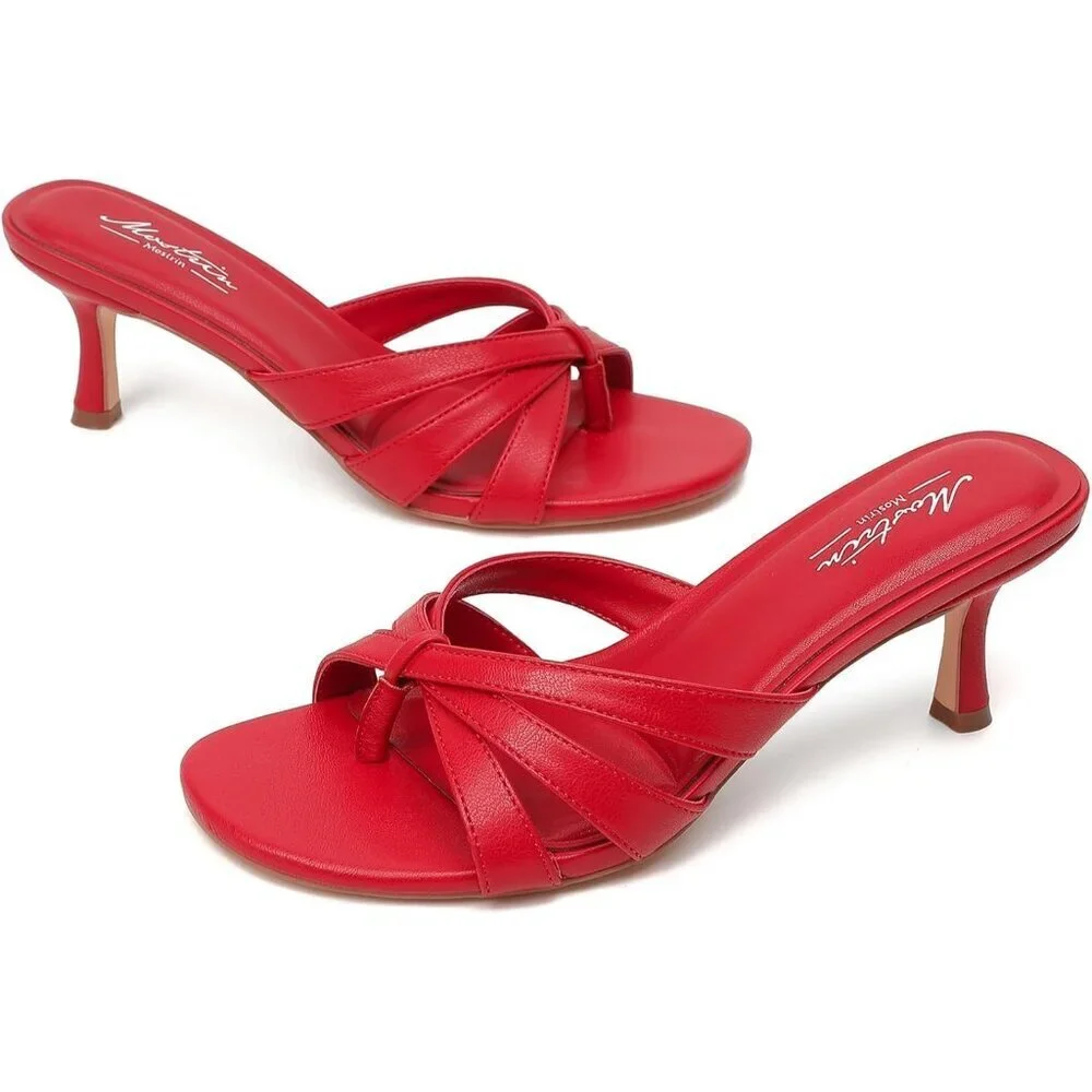 Women Strappy Kitten Heels Open Toe Slip On Mules Thong Sandal for Party Wedding